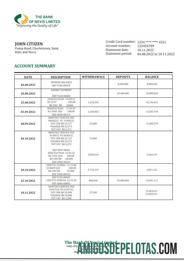 Exemplo de extrato bancário do Banco de São Cristóvão e Nevis
